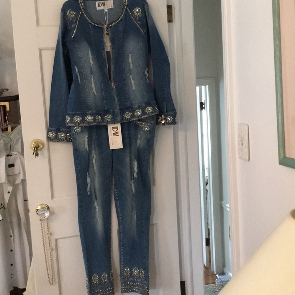 Designer two piece Denim hand laid pearls,  stones